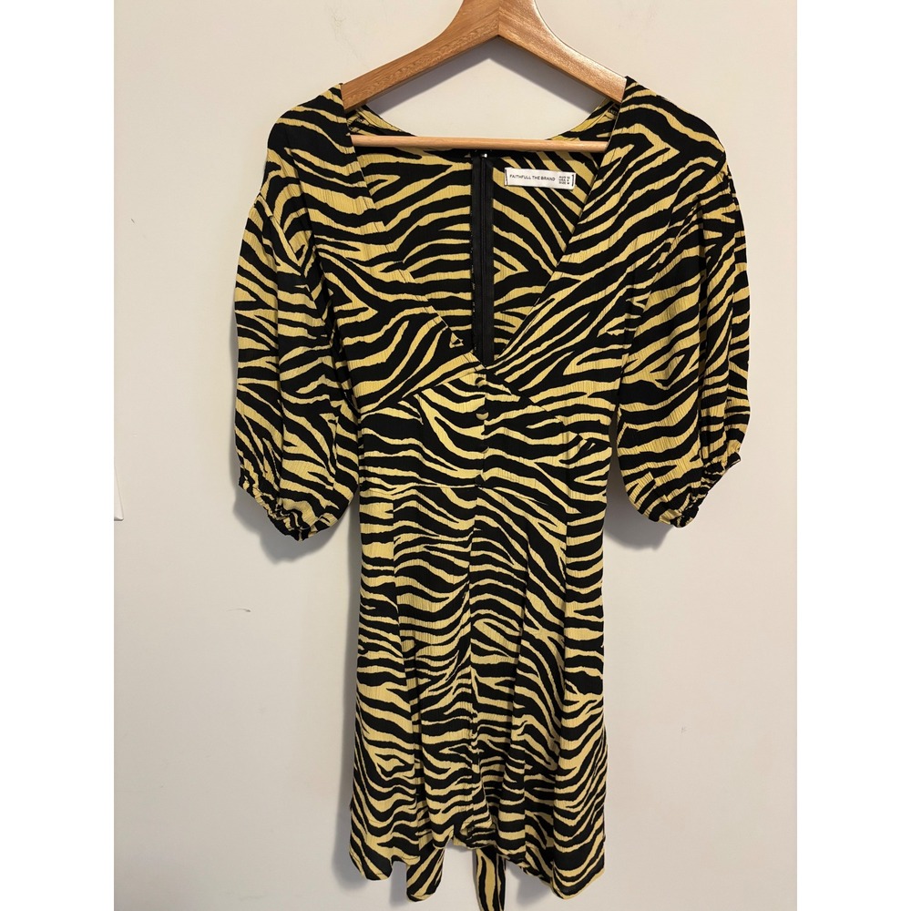 Faithfull The Brand Yellow Black Zebra Print Puff Sleeve Mini Dress Size M